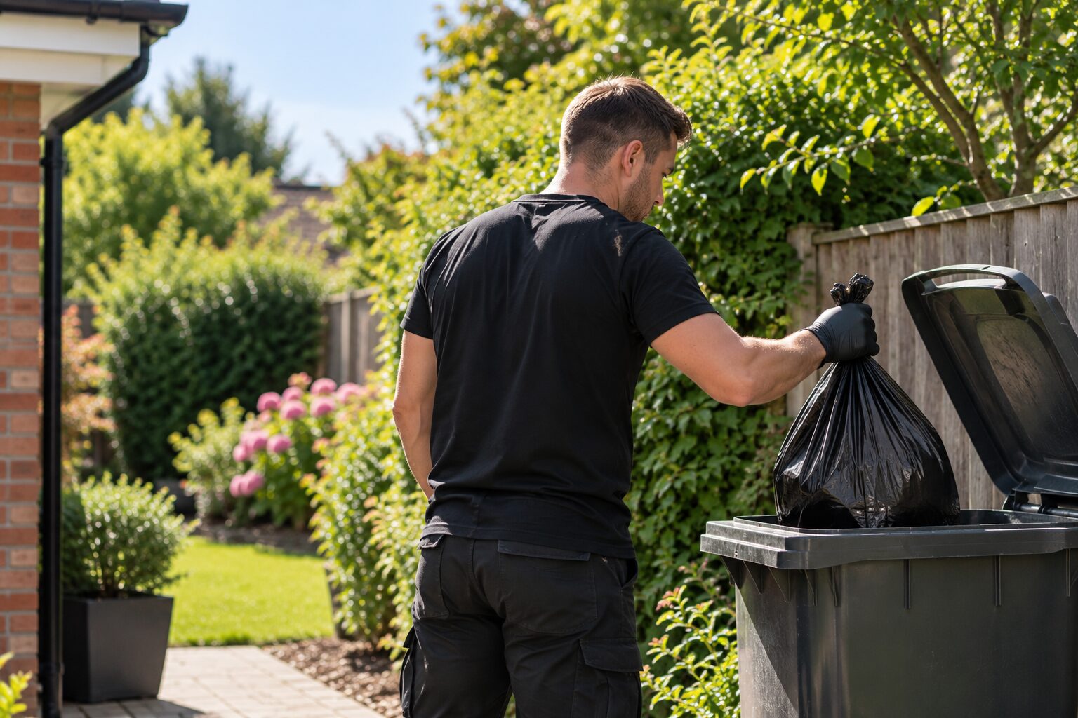 Bagged pet waste being placed into a household general waste bin